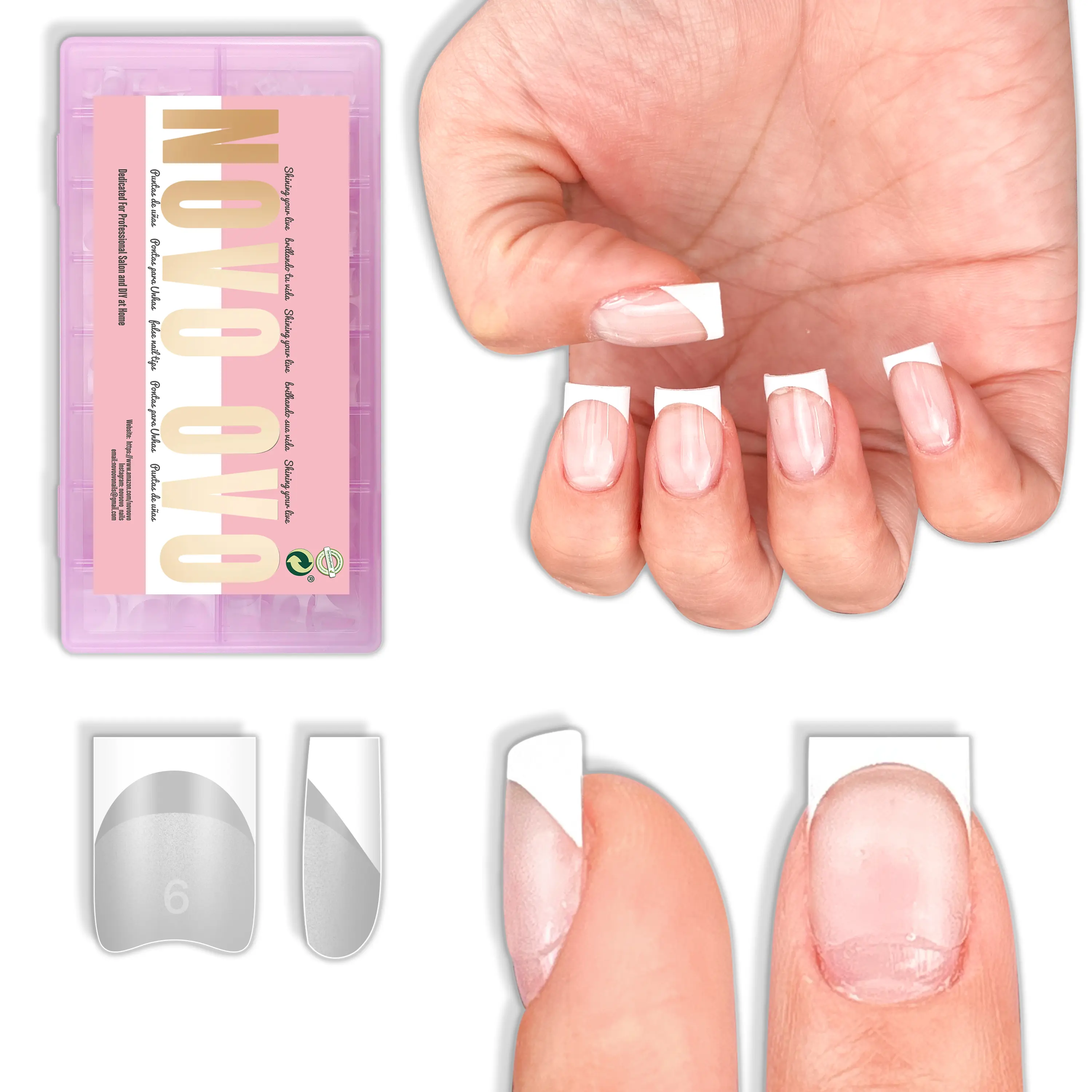 NOVO OVO White French Tip Nail Tips, Pre-Painted Short Square Half Cover Soak-Off Soft Gel Press on Nails for DIY Acrylic Extensions, 224 Pcs, 16 Sizes, Diy Fake Nails, Beauty Products