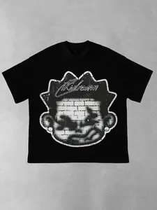 Tiktok Trendy Graphic Tee, Retro Cartoon Print Brick Wall Effect, Streetwear V-Neck Design, Y2K Independent Rock Style, Unisex Fashion