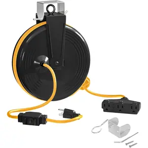30 Ft Retractable Extension Cord Reel, 16/3 Gauge SJTOW Power Cord with 3 Electrical Outlets Pigtail for Garage and Shop, 10 Amp Circuit Breaker, Metal Plate, UL Listed, Yellow Y30ACR06