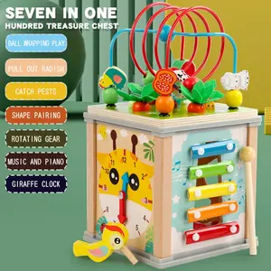 Wooden 7-In-1 Activity Cube, Montessori Toy for Hand-Eye Coordination, Shape Matching & Shape Sorter, Educational Toy for Kids Ages 3-6, Birthday Gift