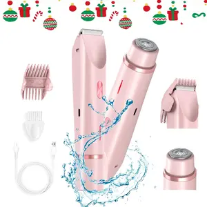 Bikini Trimmer for Women, Cordless Rechargeable Trimmer Electric Shaver and Razor Rechargeable 2-in-1 Bodyand Facial Hair Removal Double Head forPainless Trimming of Pubic Face UnderarmLegs,IPX7 Waterproof, pink