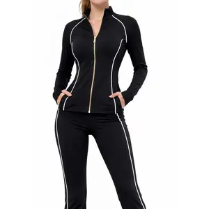 Women Gold Zipper Jacket Flare Leggings Set