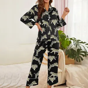Upopby Silk Satin Pajama Sets for Women Long Sleeve Pj Set Button Down Loungewear Cute Tiger Two Piece Sleepwear