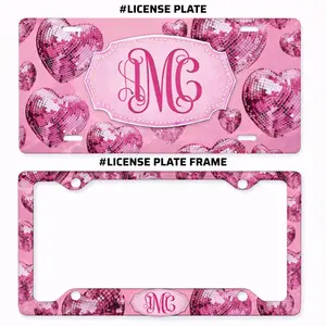 Pink Disco Heart Monogram License Plate and Matching Frame Personalized Glitter Heart Car Tag Cute Girly Aesthetic Decor