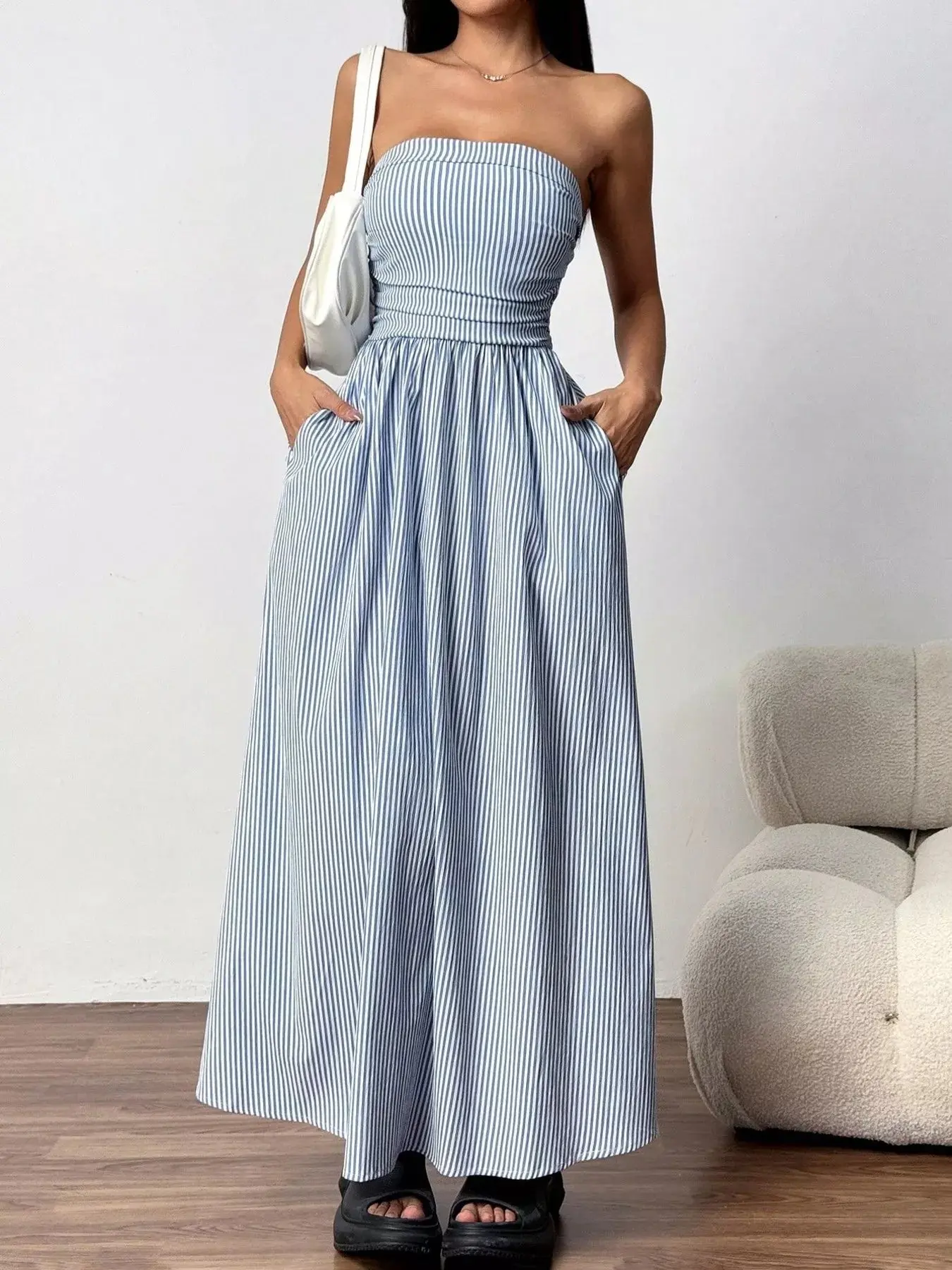 Striped Strapless Casual Maxi Dress