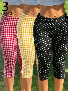 3-Pack Women's Plaid Polka Dot Seven-Eighths Bottoms, Elastic Split Seven-Eighths Pants, Perfect for Spring Summer