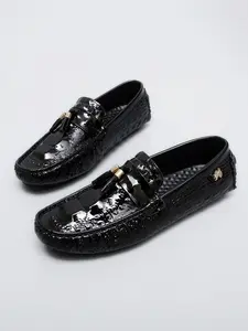 Unisex Loafers Size 38-46, High-End Glossy Rubber Flat Slip-On Shoes, Embossed Pattern, Cushioned Insole, Casual Wear for Work & Dating