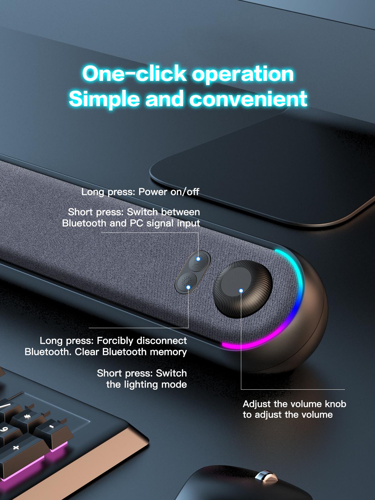 ICOREBEI Desktop Computer Speaker/Soundbar, compatible with Mac, desktop, laptop, tablet, monitor, and PC, plug and play, USB to USB-C power supply and audio transmission; Bluetooth 5.3, RGB lighting, wired gaming speaker.