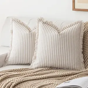 Throw Pillow Covers 18x18 Set of 2 Striped Fringe Pillow Cover Farmhouse Cushion Covers with Tassel Neutral Boho Decorative Square Pillowcase for Couch Sofa Bed, Khaki