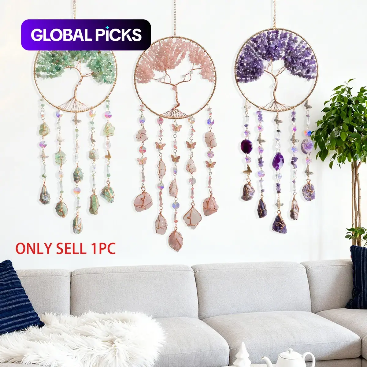Tree of Life Dreamcatcher Sun-Catcher Wall Hanging, Natural Stone and Copper Wire Butterfly Crystal Pendant, Elegant Home Hanging Decoration Gift #GLOBAL PICKS