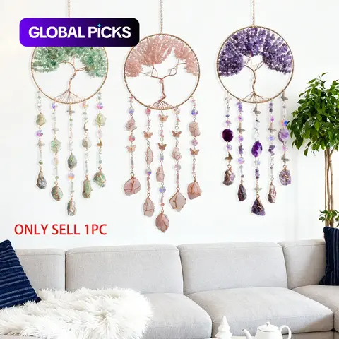 Tree of Life Dreamcatcher Sun-Catcher Wall Hanging, Natural Stone and Copper Wire Butterfly Crystal Pendant, Elegant Home Decor Items, Home Decor Products Hanging Decoration Gift #GLOBAL PICKS