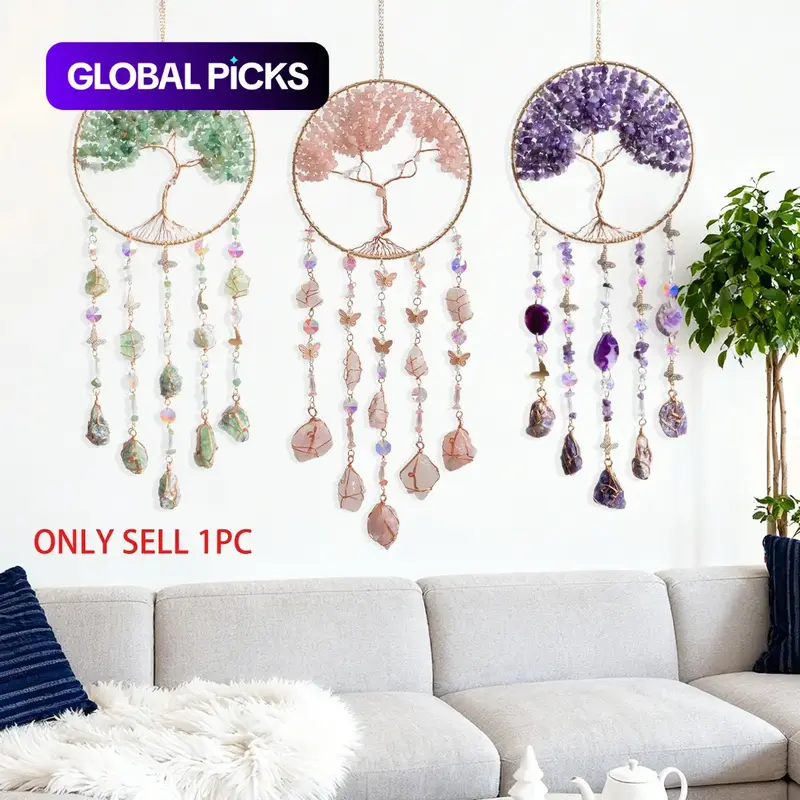 Tree of Life Dreamcatcher Sun-Catcher Wall Hanging, Natural Stone and Copper Wire Butterfly Crystal Pendant, Elegant Home Decor Items, Home Decor Products Hanging Decoration Gift #GLOBAL PICKS
