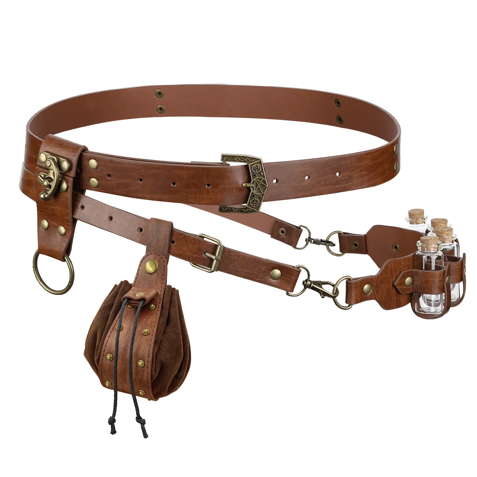 HiiFeuer Unisex 4-Piece Solid PU Leather Renaissance Fantasy Belts Set - Adult Costume Accessory with Potion Vials, Skirt Hike, Drawstring Pouch