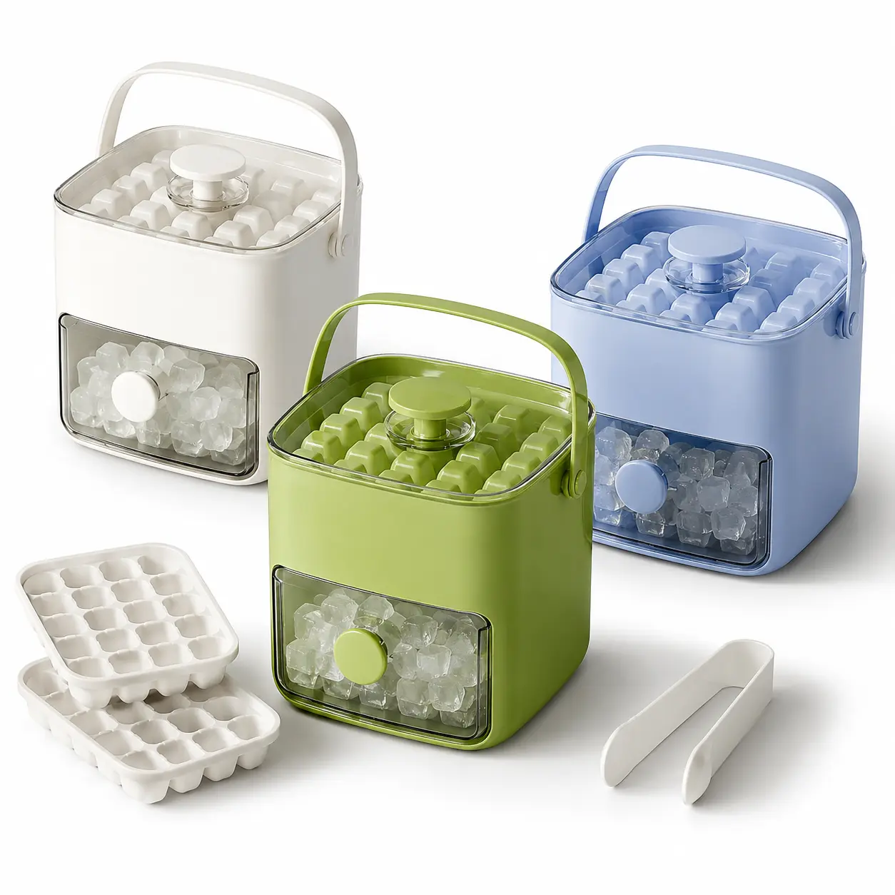 48-Cube Press Release Ice Cube Tray with Storage Bin, Double-Layer Ice Maker Container with Lid, Pull-Out Drawer, Carry Handle & Ice Tongs, BPA-Free Reusable Freezer Ice Mold for Coffee, Cocktails, Juice, Parties & Home**
