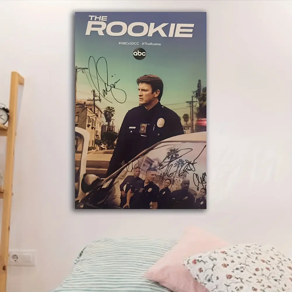 2D Flat, 1pc Frameless Canvas - The Rookie TV Show Poster with Nathan Fillion Signed Autograph, Modern Vertical Wall Art for Home Decor, Dorm, Office |   Indoor/Outdoor Use |   Holiday & Birthday Gift for Fans, Art Canvas Wall Decor, Vibrant Artw