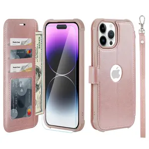 Vanavagy Compatible for iPhone 17/16/15/14/13/12/11/XR/XS/X/se 3/se 2/8/7/Pro/Plus/Pro Max/Mini / Air Wallet Case,RFID Flip Leather Cover with Wrist Supports Wireless Charging with Card Holder,[Glass Screen Protector]