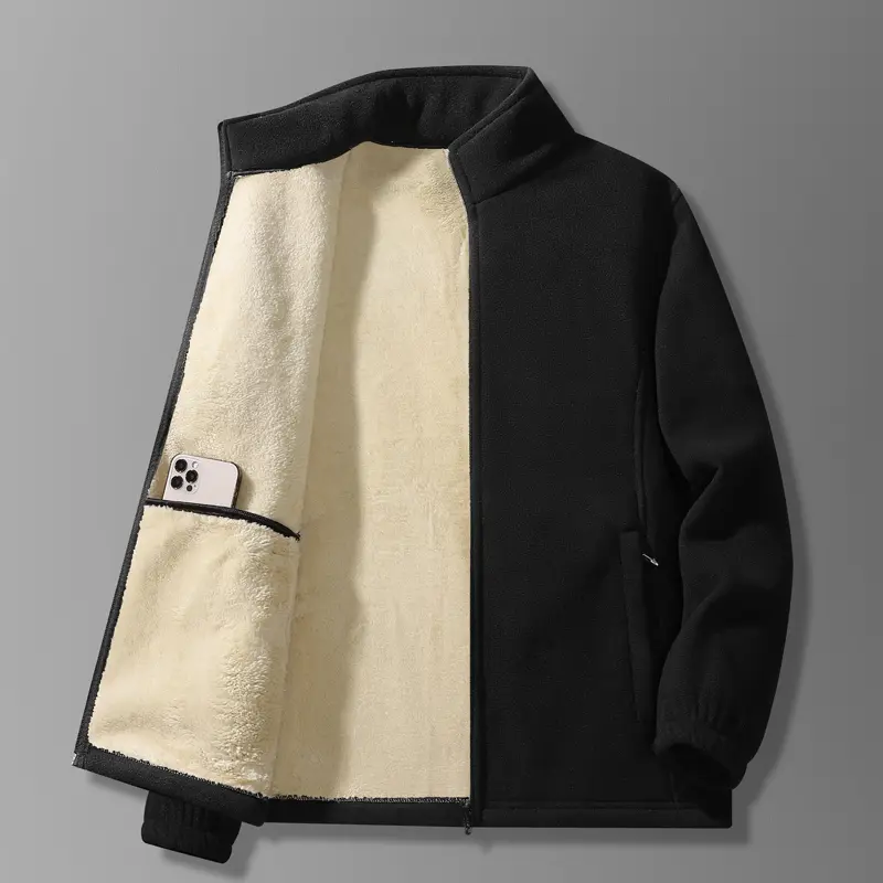 Men's Fleece Lined Stand Collar Jacket Autumn Winter Warm Cozy Multi Pocket Casual Overcoat Menswear Tops Black & Beige Stylish Long Sleeve