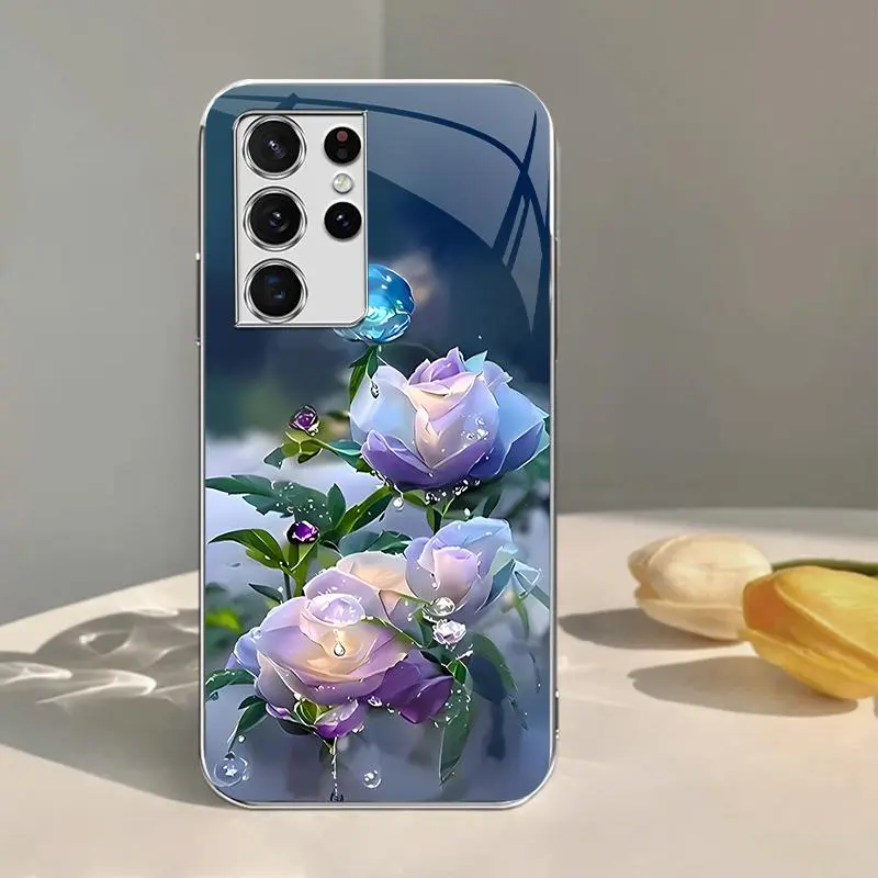 Summer flowers for【Galaxy S21 Ultra 5g】electroplated glass phone case, super trendy---975