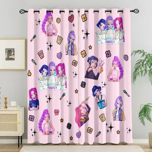 K-Pop Pink Cartoon Girl Group Blackout Curtains Set 2 Pcs, No Drill Ring Design, Washable Polyester Fabric, Bareless, Suitable for Bedroom Living Room Dormitory Insulation & UV, Multi-Functional Home Decor