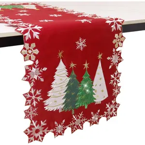 Christmas Tree Table Runner Embroidered Xmas Red White Snowflakes Runners Snow Decorations 36 inches Long Coutout for Dinning Coffee Table  Holiday Party Decor