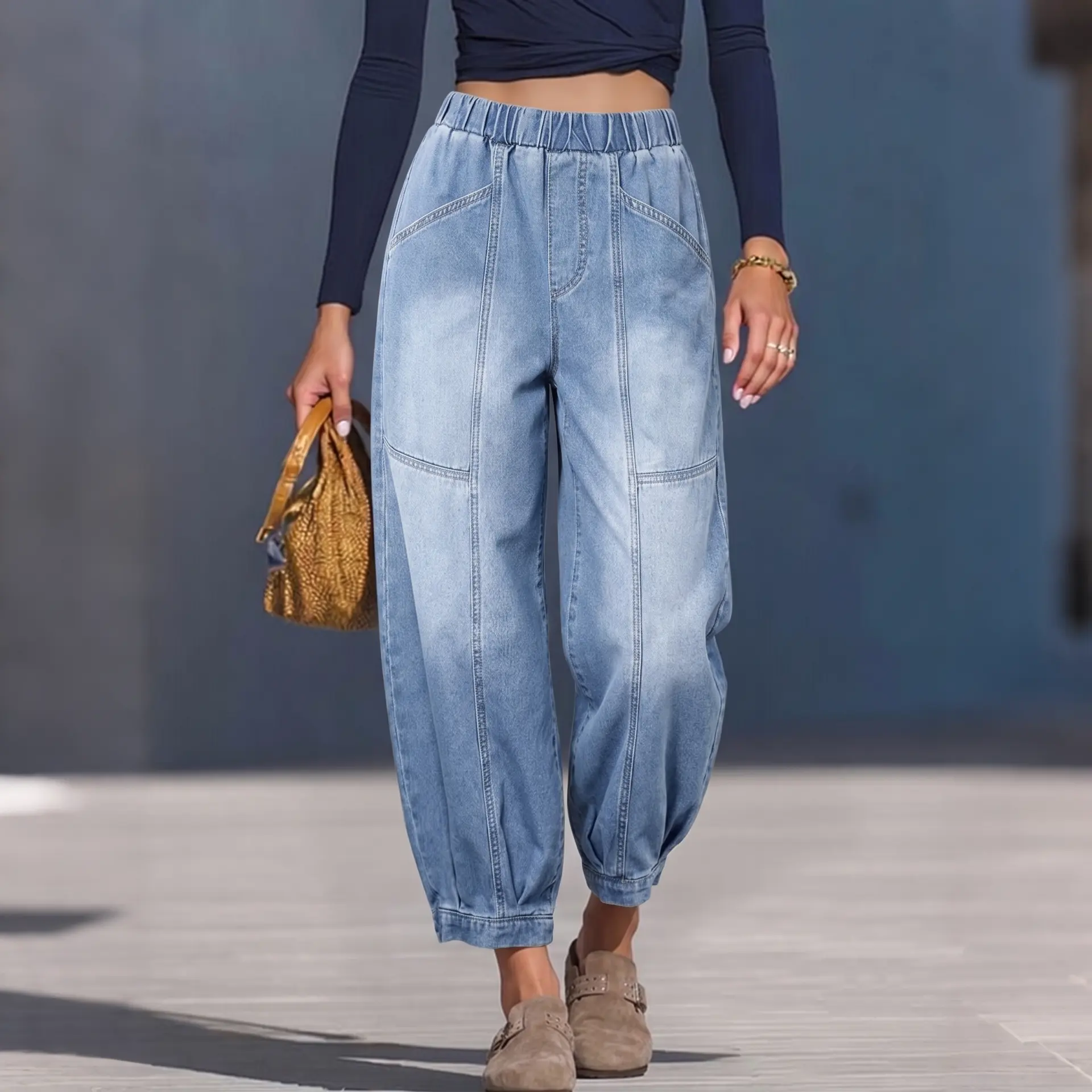 Women's High-Waist Denim Jeans Bottoms - Loose-Fit, Elastic-Waist Harem Pants, Vintage Wash, Soft Comfortable Casual Trousers for Beach Vacation, Outdoor Relaxwear