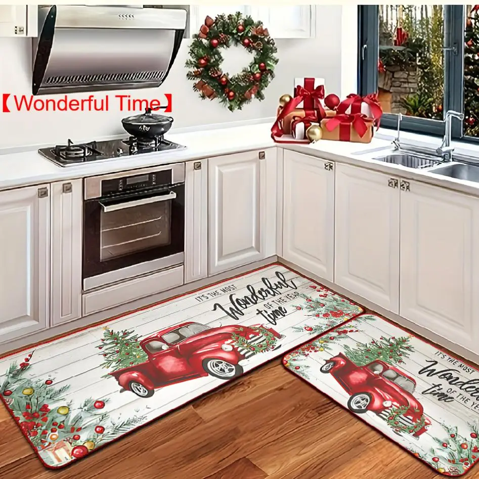 Christmas Themed Kitchen Mat, 2 Counts/set Non-slip Decorative Rug, Holiday Decoration Floor Mat, Home Decor for Kitchen Living Room Bedroom
