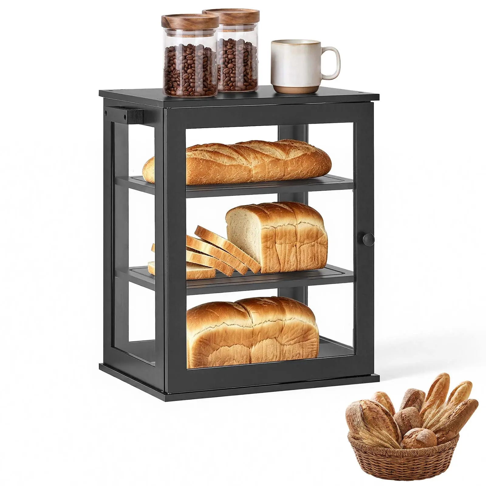 VEVOR Wooden Bread Box for Kitchen Counter, Black Bamboo Storage Containers with Acrylic Door Panel, Air Vents, 3-Layer Farmhouse Bin for Under Cabinet or Pantry