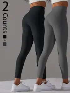 Women's Solid Stretchy High Waist Sports Leggings, Stretchable Activewear, Comfy Breathable Skinny Pants for Yoga Gym Workout Running, Ladies Sportswear for All Seasons