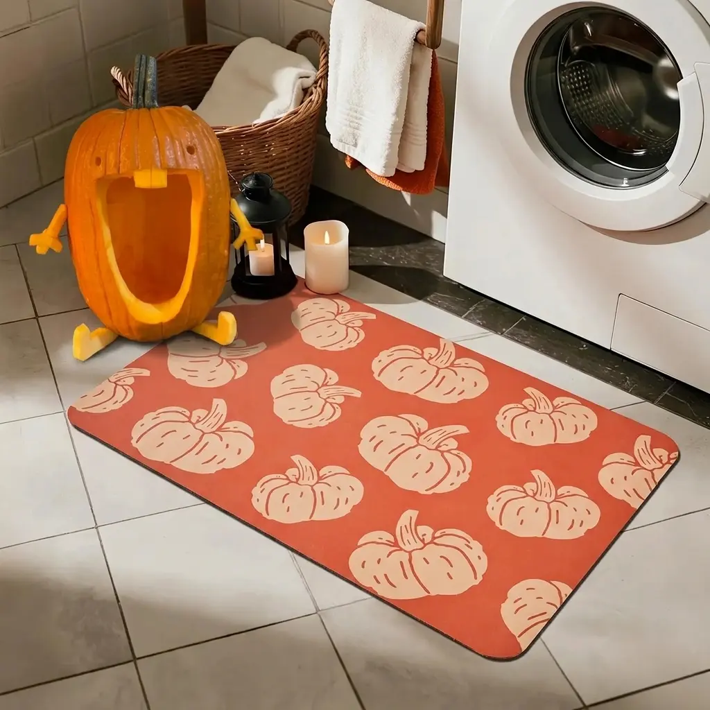 Fall Harvest Pumpkin Floor Mat, Thin Non-Slip Quick Dry Bathroom Kitchen Rug Fits Under Door, Thanksgiving Farmhouse Decor, 17''x30'', Orange