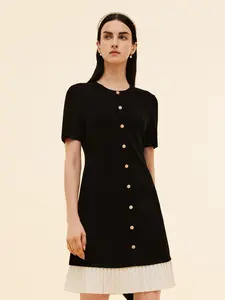 Tencel Blend Color Block Women Knit Mini Dress Vintage Pleated