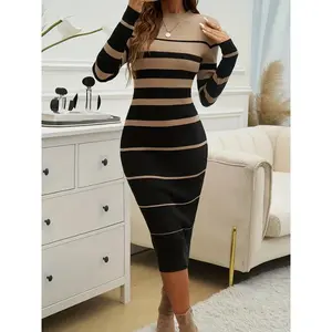 Cozy Comfort, Elegant Striped Knit Sweater Dress - Long Sleeve, Crew Neck, Bodycon Fit for Spring/Autumn | Viscose Blend Casual Collar Summer Fabric Womenswear Black Chic Crewneck WinterTSAT