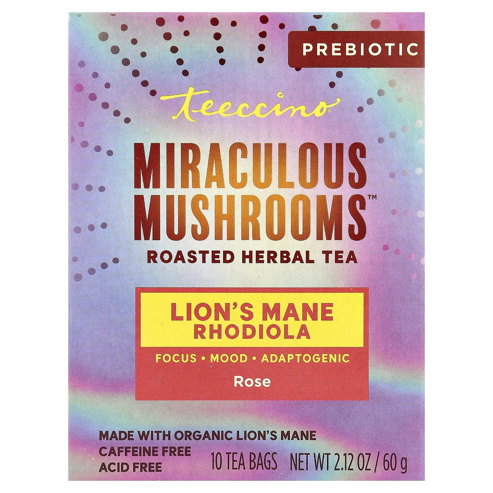 Teeccino Miraculous Mushrooms™, Roasted Herbal Tea, Lion's Mane Rhodiola, Rose, Caffeine Free, 10 Tea Bags, 2.12 oz (60 g)