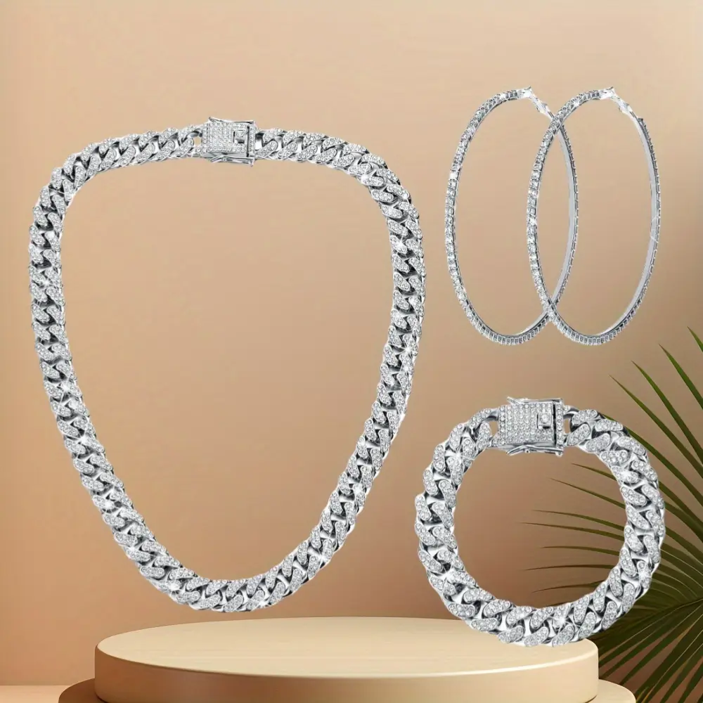 3pcs Cuban Link Chain Necklace Bracelet Rhinestone men stud earring shiny jewelry 3pcs Cuban Link Chain Necklace Bracelet Rhinestone men stud earring shiny jewelry