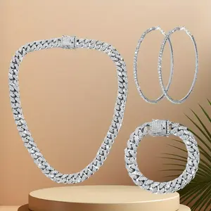 3pcs Cuban Link Chain Necklace Bracelet Rhinestone men stud earring shiny jewelry