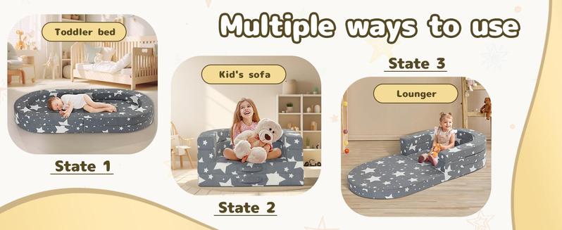 Erament Travel Toddler Bed 3-in-1 Portable Foldable Chair Soft Foam Floor Lounger with Washable Cover Kids Travel Bed for Toddlers 1-3 Star