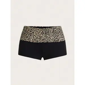 Leopard Print Foldover Waist Ultra Low Rise Super Short Mini Black Shorts Bottoms Fabric