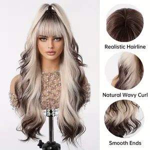 28-Inch Gradient Brown Wig with Bangs, Gold Mixed Female Brown Wig, Long Wavy Wig with Bangs, Synthetic Heat Resistant Fiber Wig, Perfect Halloween Accessories, Natural and Realistic, Easy to Use