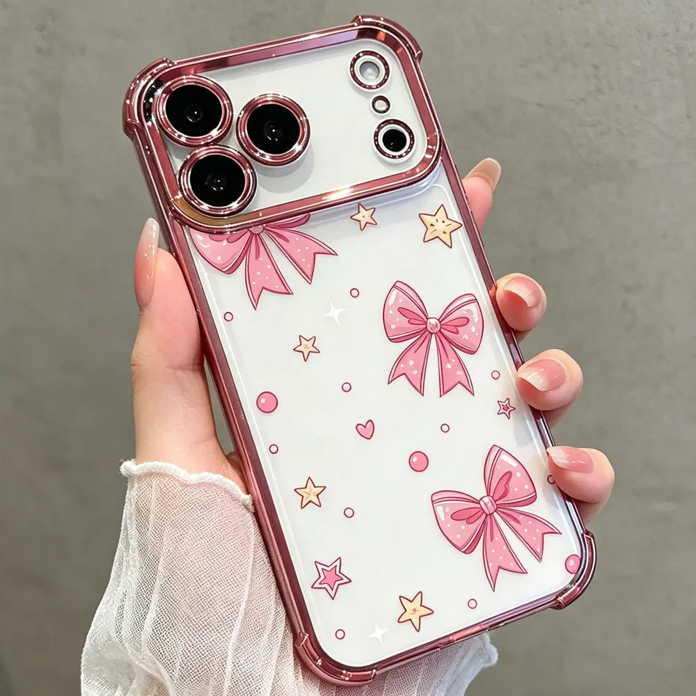 Pink Bow Star Phone Case for iPhone 18 17 16 15 14 13 12 11 Pro Max Plus Air, Cute Shockproof TPU Protective Cover DDSJ260706010