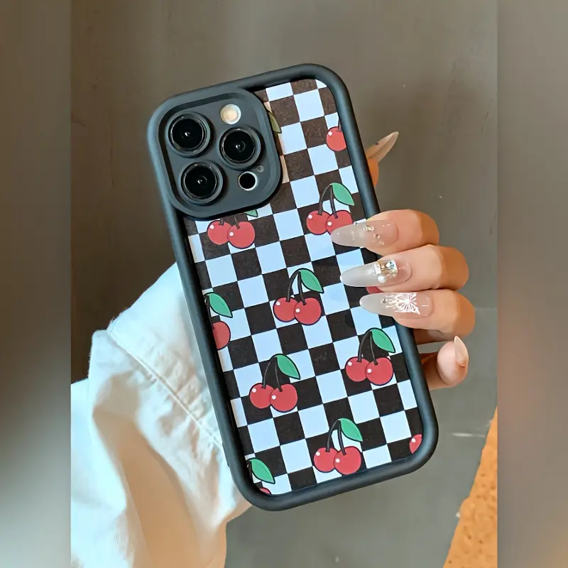Cherry Black Checkerboard Phone Cases | Cover ProtectorShockproof Design, Chessboard Style | Fits iPhone 11 Pro Max to 16 Pro Max/Plus 🍒🖤⚪