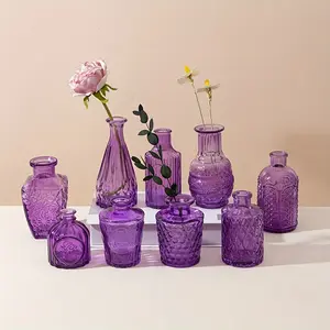 New Set of 10 Purple Bud Vases - Exquisite Vintage Glassware - Ideal for Rustic Wedding Centerpieces & Home Decor - Create Romantic Table Settings with Timeless Charm Pedestal Ornaments