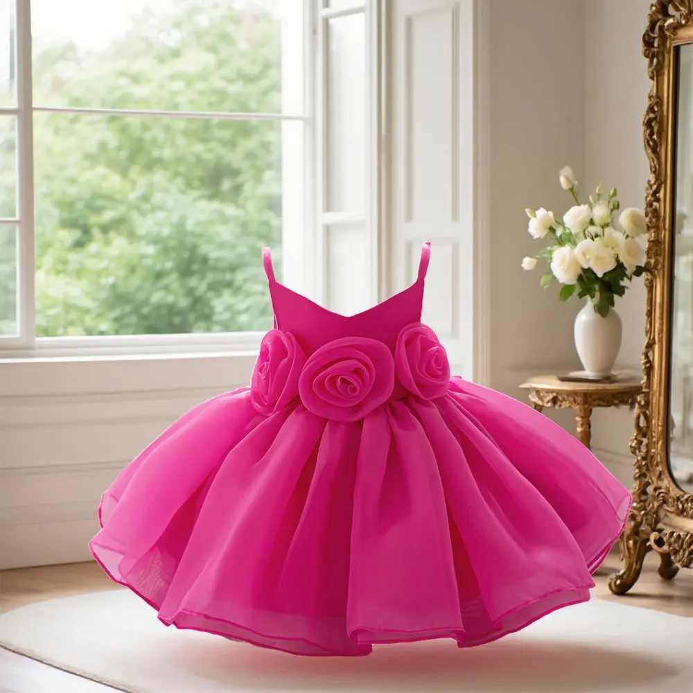 Girls' 2136 Ready-Stock Princess Dress, Toddler Party Dress with Flower Details