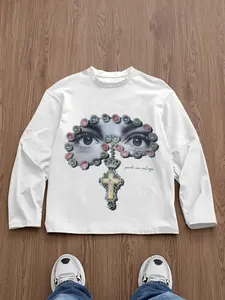 Gothic Long Sleeve Floral Embroidered Eye Cross Graphic Print T-Shirt, Loose Fit H-Type Top, Street Style Streetwear Casual Wear for All Seasons