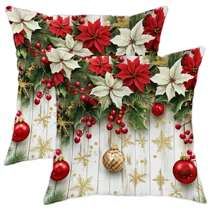 2pcs, Rustic Christmas Throw Pillow Covers, Country-Style Poinsettia & Holly Design with Golden Snowflakes, Cushion Cases, Cushion Slipcovers for Home Sofa & Bed Decor, Single-sided Printing, Without Pillow Core