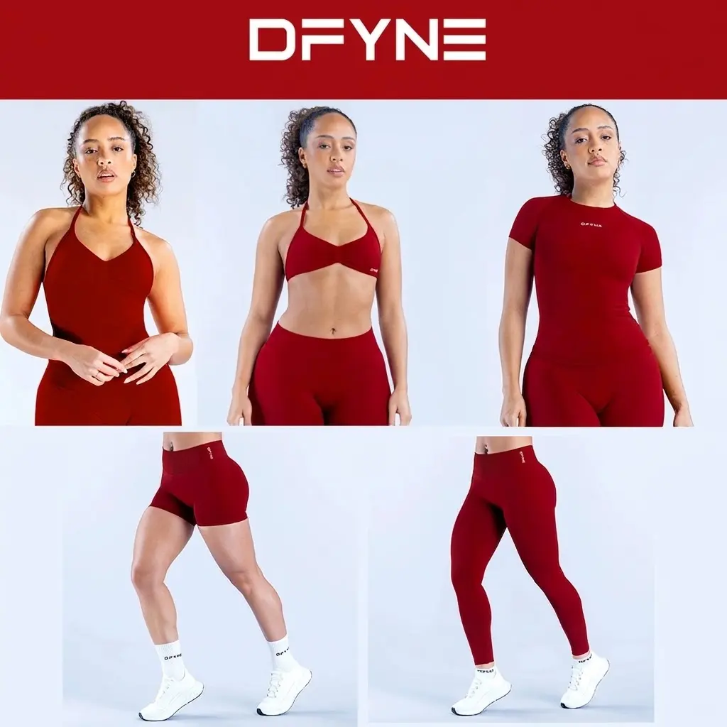 Women's DFYNE Seamless Crimson Red 2-Piece Workout Set, High-Waisted Leggings & Short-Sleeve Crop Sports Bra, Multi-Size Gym Wear for Fitness, Workout Sets Women, Crop Top
