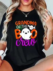 100% Cotton Unisex Grandma Of The Boo Crew Shirt Halloween Family Matching T-Shirt，Autumn women's short-sleeved, Thanksgiving and Halloween maple leaf pattern T-shirt