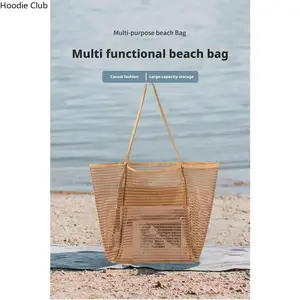 Foldable Mesh Beach Tote Bag for Women Lightweight Summer Crossbody Shoulder Bag Large Capacity Travel Pool Beach Bag Portable Foldable Tote for Outdoor Vacation Daily Use