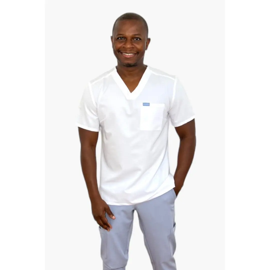 Marie Ange V-Neck Scrub Top- White - Short Sleeve, Ideal for Medical/Wellness Use- Unisex