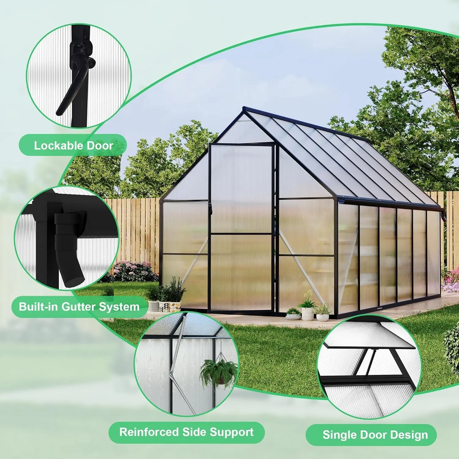 Garvee 6x4FT Heavy-Duty Polycarbonate Greenhouse - Aluminium Sliding Door, Vent Window, Outdoor Garden Building Shed with Ventilation