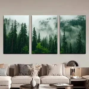 3 Pieces Unframed Foggy Mountain Misty Forest Pine Tree Sage Green Wall Art Canvas Painting Nordic Wall Poster And Print Wall Picture For Living Room Decor Many Home Decor Wall Decor Poster