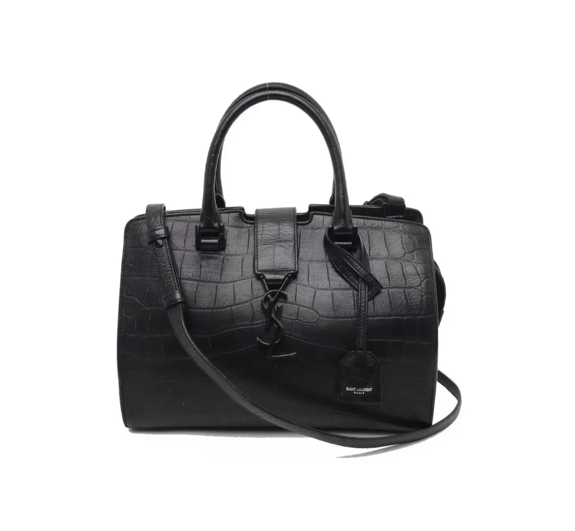 Pre-owned Yves Saint Laurent YSL Saint Laurent So Black Cabas Handbag with Embossed Crocodile Leather, Detachable Crossbody Strap 2602900